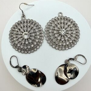 Vintage Y2K Silver Tone Clear‎ Rhinestone Dangle Earrings Set Women's Jewelry